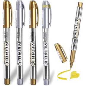 4 Pcs Gold Silver Metallic Marker Pens, Bling Highlight Ink Pen, Writing Art Marker Pens, Shiny Glittering for Painting, Art Making, Album (2 Pcs Gold, 2 Pcs Silver)