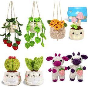 LefeTeny Crochet Kit for Beginners Fun Crafts for Adults Amigurumi Craft Knitting Crocheting DIY Kits for Adults with 6 Hanging Potted Plants &Highland Cow Family Video Tutorials (40%+ Yarn