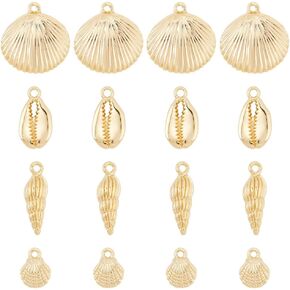 Sunnyclue 1 Box 24pcs Sea Shells Charms Gold Cowrie Shells Bulk Summer Beach Sea Sea Shell Golden Conch Scallop Charm for DIY صياغة أساور الأقراط