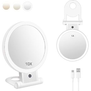 MILEDUO Lighted Makeup Mirror 9" Large HD Mirror Tabletop Light up Mirror with 3 Colors Brightness Adjustable Vanity Mirror, USB Rechargable with Suction Cup Base, Includes 10x Magnetic Pocket Mirror