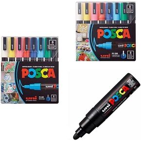 مجموعة علامة الطلاء Posca - نصيحة دقيقة ومتوسطة - 8 ألوان ، متعددة الألوان والأسود