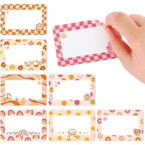 Whaline 200pcs Boho Groovy Name Name Stickers Retro Rainbow Smile Flower Plaids Plaids Plaids Plaids Classroom Bulletin Decoration Decoration ملصقات ملصقات لمكتب مكتب School Desch