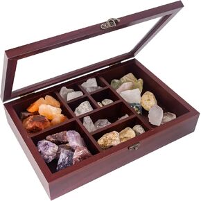 Rock Display Case Wood Crystal Collection Box with Shelves Witchy Organizer Showcase for Stones Display Gem Holder Storage Box for Seashell Collectibles Wiccan Gift Brown