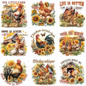 Chicken Rub on Transfers for Crafts - 9 Sheets Farm Rub on Transfer Stickers for Furniture Sunflower Rub on Transfers for Wood Glass Scrapbook DIY Home Decor
