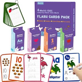 Toddler Flash Cards,144 PCS Alphabets, Numbers,Colors&Shapes, Sight Word Phonics with Tracing and Wiping Flashcards for Kindergarten Preschool Learning Activities