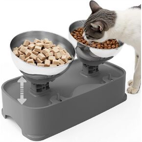 Elevated Cat Bowls, 4 Height Adjustable Cat Food Bowl Stainless Steel, Raised Dog Cats Bowls Elevated Pet Food and Water Bowl, Non-Slip Tilted Pet Feeder Anti Spill for All Cats Puppies