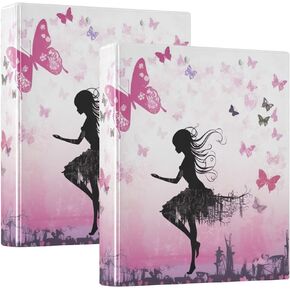 Butterfly Girl 3 Binder Binder 1.5 بوصة مستديرة ، يحمل 200 ورقة ، موثق متعدد الاستخدامات مع 3 جيوب داخل Office Home ، 1 حزمة
