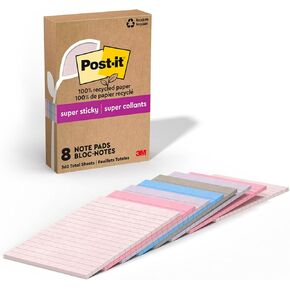 Post-it 100% Recycled Paper Super Sticky Notes, Lined, 4 in. x 6 in., 8 Pads, 45 Sheets per Pad, Wanderlust Pastels, School Supplies and Office Products