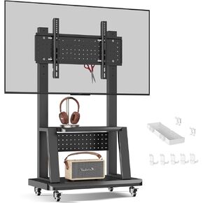 Mobile TV Cart Rolling TV Stand with Pegboard Storage for 32-70 Inch Screens up to 110 lbs, Height Adjustable Heavy-Duty Portable Floor TV Stand on Lockable Wheels with Shelf Max VESA 600x400mm