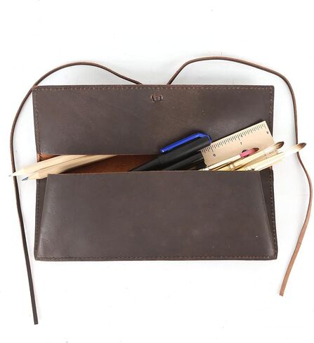 SH SHIFAA HANDICRAFT Rustic Genuine Leather Bound Pencil Roll-up Case, Pen Pouch, Pencil Holder For School Work and Office (Dark Brown) in Saudi Arabia