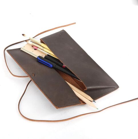 SH SHIFAA HANDICRAFT Rustic Genuine Leather Bound Pencil Roll-up Case, Pen Pouch, Pencil Holder For School Work and Office (Dark Brown) in Saudi Arabia