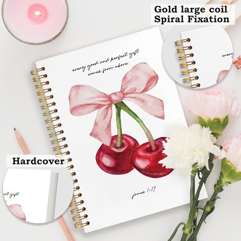 Snnder Coquette Pink Bow Cherry Notebook Journal ، James 1:17 Bible Journal for Women ، Church Notes دفتر ، مجلة الصلاة للمرأة ، كتاب Notebly SPORCOVER SPORT in Kuwait