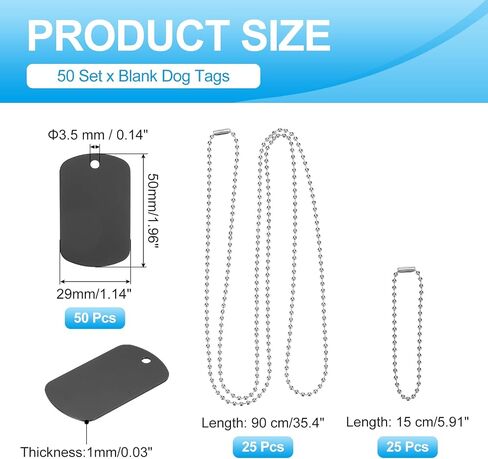MECCANIXITY Blank Dog Tags Rectangle Blank Aluminum Blank Keychains Two Size Length Ball Steel Chains Metal Personalized Pet Tags with Hanging Hole for DIY Crafts Black, 50 Set in Saudi Arabia