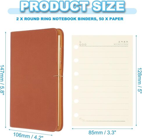 PATIKIL 6 Ring Binder Cover, 2 Pack A7 Leather Notebook Binder Mini Refillable Loose Leaf Personal Planner with 50 Sheets Line Paper, Brown in Saudi Arabia