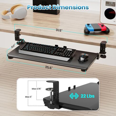 Large Keyboard Tray That Slides Out from Under The Desk, Pull Out with Adjustable C-clamp, 25.6 x 11.8 Inch Computer Keyboard Drawer Mouse Tray for Typing, Black in Saudi Arabia