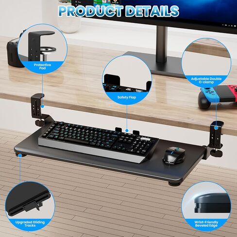 Large Keyboard Tray That Slides Out from Under The Desk, Pull Out with Adjustable C-clamp, 25.6 x 11.8 Inch Computer Keyboard Drawer Mouse Tray for Typing, Black in Saudi Arabia