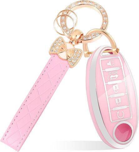 Key Fob Cover with Pom Pom Fluffy Ball, PU Leather Key Fob Shell Compatible with 2 5 6 7 Series X1 X2 X3 X5 X6 X7 Key Fob Case Holder Car Key Protector (Pink) in Saudi Arabia