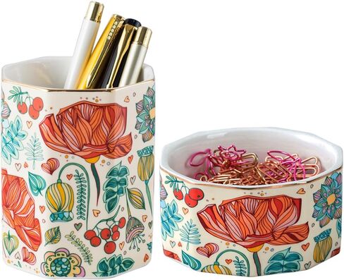 Desk Organizer Set of 2 For Office, Pen Holder and Paper Clip Holder, Ceramic Cute Pencil Cup for Desk, Paper Clip Dispenser for Desktop, Makeup Brush Holder, Ideal Gifts for Women, Mom (Flower) in Saudi Arabia