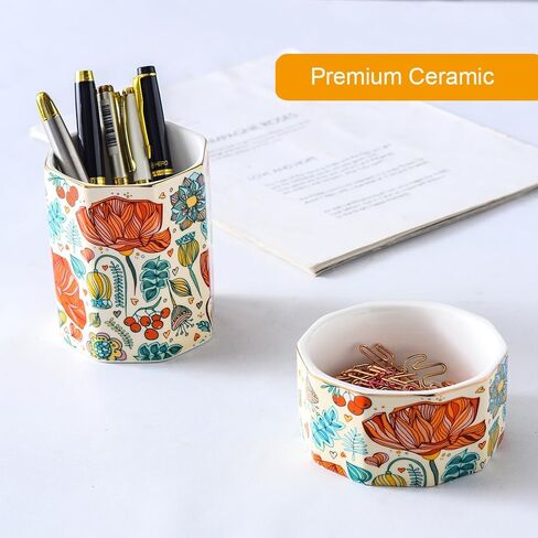 Desk Organizer Set of 2 For Office, Pen Holder and Paper Clip Holder, Ceramic Cute Pencil Cup for Desk, Paper Clip Dispenser for Desktop, Makeup Brush Holder, Ideal Gifts for Women, Mom (Flower) in Saudi Arabia