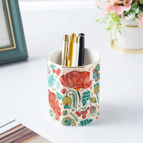 Desk Organizer Set of 2 For Office, Pen Holder and Paper Clip Holder, Ceramic Cute Pencil Cup for Desk, Paper Clip Dispenser for Desktop, Makeup Brush Holder, Ideal Gifts for Women, Mom (Flower) in Saudi Arabia