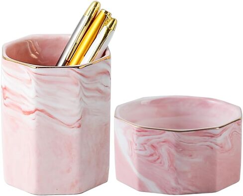 Desk Organizer Set of 2 For Office, Pen Holder and Paper Clip Holder, Ceramic Cute Pencil Cup for Desk, Paper Clip Dispenser for Desktop, Makeup Brush Holder, Ideal Gifts for Women, Mom (Flower) in Saudi Arabia