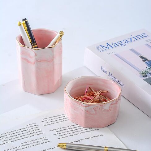 Desk Organizer Set of 2 For Office, Pen Holder and Paper Clip Holder, Ceramic Cute Pencil Cup for Desk, Paper Clip Dispenser for Desktop, Makeup Brush Holder, Ideal Gifts for Women, Mom (Flower) in Saudi Arabia