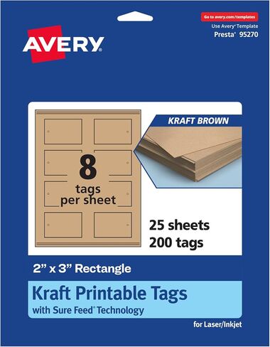 علامات AVERY قابلة للطباعة قابلة للطباعة مع تقنية التغذية المؤكدة ، 2 "× 3" ، Kraft Brown Cardstock ، وطباعة إلى الحافة ، والليزر/الحبر ، 200 in Kuwait