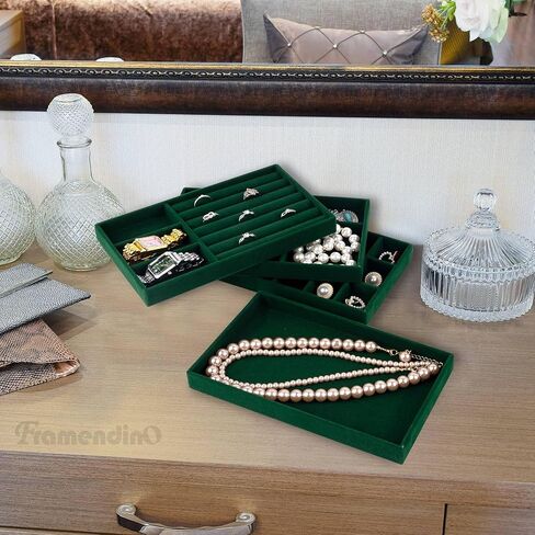 Framendino, 4 Pack Beige Velvet Jewelry Trays Stackable Organizer Drawer Inserts Container Display Case for Earrings Bracelets Necklace in Saudi Arabia