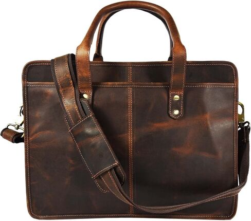 Buffalo Leather Briefcase - Hickory Brown, 17 Inch Laptop Bag with Adjustable Strap, Multi-Purpose Pockets, Durable & Stylish Design in Saudi Arabia