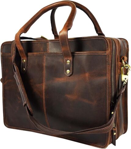 Buffalo Leather Briefcase - Hickory Brown, 17 Inch Laptop Bag with Adjustable Strap, Multi-Purpose Pockets, Durable & Stylish Design in Saudi Arabia