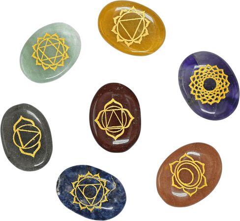 7 Chakra Oval Set Reiki Healing Crystal with Engraved Chakra Symbols - Chakra Balancing Polished Palm Stones Set with Velvet Pouch in Saudi Arabia
