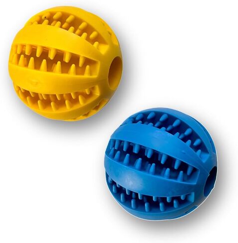 Treat Ball for Dogs, Pack of 2 Durable Dog Treat Ball for Teeth Cleaning & IQ Training, Dog Enrichment Non Toxic Chew Toys, Interactive Food Feeder Puppy Ball Toys (Blue - Yellow, 2 inches) in Saudi Arabia