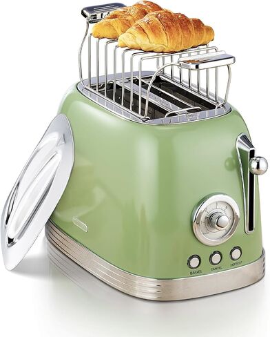 Wiltal Green Cute Retro Toaster 2 Slice with 1.58" Wide Slots, with Stainless Steel Lid, with Warming Rack, Preheat, Defrost, Countdown Timer Display in Saudi Arabia