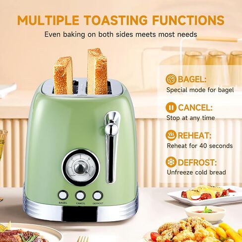 Wiltal Green Cute Retro Toaster 2 Slice with 1.58" Wide Slots, with Stainless Steel Lid, with Warming Rack, Preheat, Defrost, Countdown Timer Display in Saudi Arabia