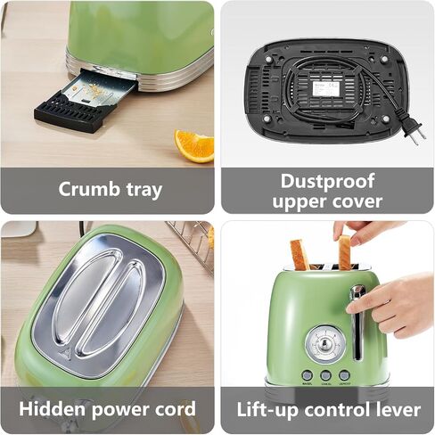 Wiltal Green Cute Retro Toaster 2 Slice with 1.58" Wide Slots, with Stainless Steel Lid, with Warming Rack, Preheat, Defrost, Countdown Timer Display in Saudi Arabia