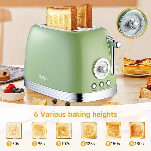 Wiltal Green Cute Retro Toaster 2 Slice with 1.58" Wide Slots, with Stainless Steel Lid, with Warming Rack, Preheat, Defrost, Countdown Timer Display in Saudi Arabia