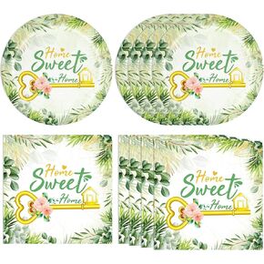 40 PCS House Warming Party Supplies Home Sweet Home Party Green Leaves Flower Flower Gold Activable Compans بما في ذلك مناديل لوحات جديدة لحفل زفاف المنزل