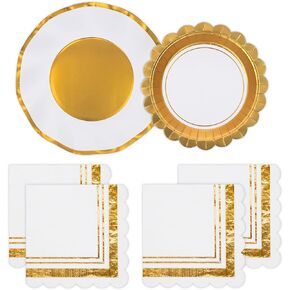 Gold and White Party Supplies Disposable 9" Dinner Plates 7" Dessert Plates Scalloped Luncheon Napkins for Birthday Wedding Anniversary Engagement Bachelorett Party Decorations, Serve 24