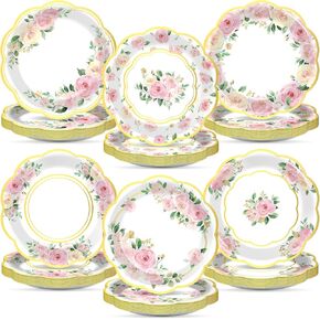 80pcs لوحات الورق الأزهار 7 بوصات حفلة شاي زهول الأزهار القابلة للتصرف ألواح كعكة الحلوى الذهب حافة زهرة الأدوات المائدة الزهرة اللوازم لفتاة عيد ميلاد الطفل دش الزفاف حديقة حفل زفاف