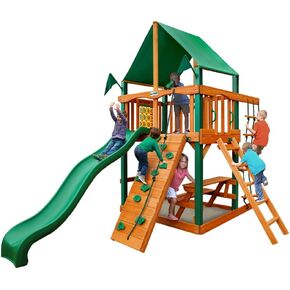 Gorilla Playsets 01-0061-AP-1 Tureau Tower Wooden Playset مع وظائف العنبر ، وشريحة ، وجدار التسلق ، ومظلة الفينيل الخضراء الفاخرة