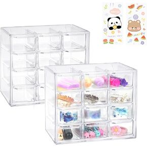 2 Pcs Acrylic Clear Stackable Storage Drawers, Desk Storage Organizer with 9 Mini Drawers, Removable Storage Box with Sticker for Makeup Jewelry Bathroom Craft Supplies (2Pc-9Drawers)