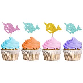 24pcs قبعات كب كيك Narwhal ، قبعات كب كيك كب كيك Sean ، تختار Narwhal Cupcake للاستحمام الطفل ، تحت زخرفة حفلة عيد ميلاد ذات طابع البحر - Blue & Pink Glitter