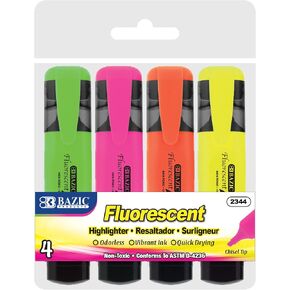 BAZIC Fluorescent Highlighters w/Pocket Clip (4/Pack)