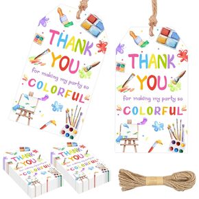 Serencatcher 50pcs Art Paint Thank You Tags Truction Tags with String Thank You على صنع حفلتي ، علامات ملونة ، شكرًا لك على علامات الهدايا الورقية للرسوم الفنية ، مستلزمات حفلة عيد ميلاد الطفل