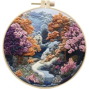 Embroidery Starter Kit for Adult Beginner with Landscape Tree Mountain River Floral Nature Scenery Pattern Cross Stitch Hand Embroidery Set DIY Cross Stitch Kits with Hoops Needles Threads