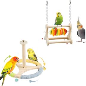 Jevnd Bird Feeder & 360 ° مجموعة جثم غزل ، لعبة علف خشبية مع سيخ من الفولاذ المقاوم للصدأ والأجراس ، حامل الطعام التفاعلي واللعب من أجل cockatiels ، conurs ، الببغاء ، والحبوب الحب