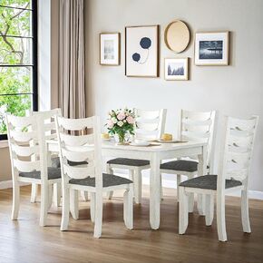 7-Piece Solid Wood Dining Table Set with 6 Upholstered Chairs - Easy Assembly Modern Design for Kitchen & Small Spaces, Durable Wooden Table and Chairs for Dining Room, Kitchen, Light Grey