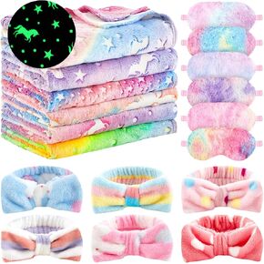 18 PCS Sleepover Party Supplies for Girls ، 6 Glow in the Dark Pink Blanket 6 Coral Fleece Spa Beadband 6 Blush Eye Mask Coves for Sleember Sleepover Party Gift (Cute)