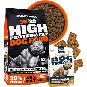 Bully Max High Performance Dog Food & High Protein Cog Bundle - 15 LB Bag Premium Dry Dog Food for Appies and Come ، بالإضافة إلى 400 جرام يتدرب مع اللحوم الحقيقية والخضروات و 40 ٪ من البروتين