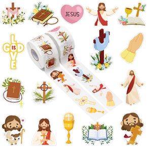 A1diee Christian Bible Sticker Roll - Jesus Christian He Lives Sticker for Kids Religious Bible Cross Catholic Easter Decals Gifts Religious Stationery Sunday School Church Party Supplies, 1000pcs